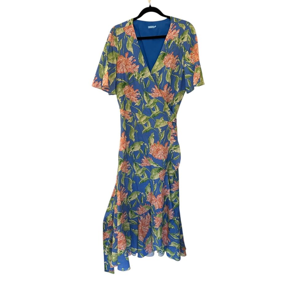J. Mclaughlin Blue & Pink Peony Bloom Audette‎ Linen V-Neck Maxi Dress M
